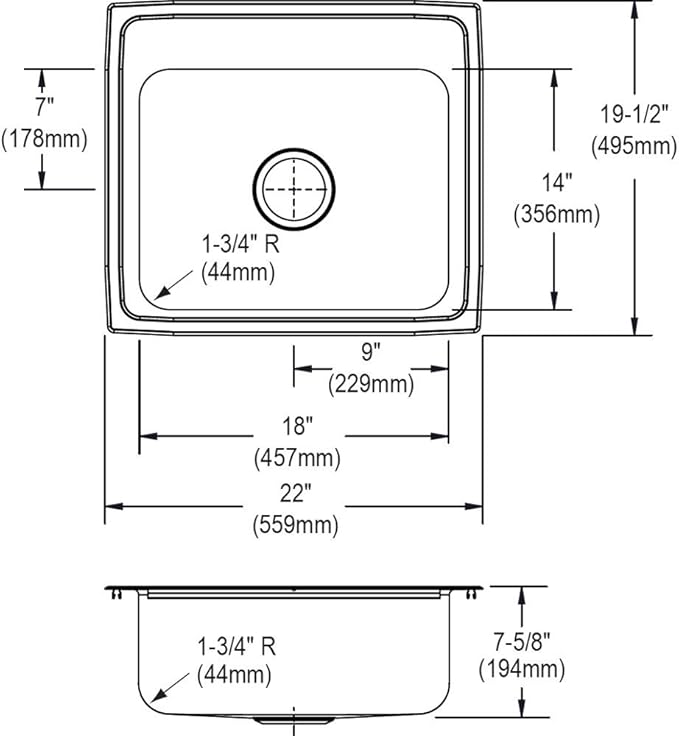 Stainless steel single bowl drop-in sink with rounded corners and three mounting holes, top view and side profile with dimens