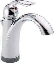 Chrome single-handle bathroom faucet with curved spout and red sensor indicator on the body.