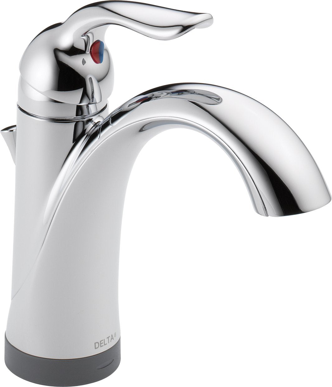 Chrome single-handle bathroom faucet with curved spout and red sensor indicator on the body.