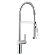Chrome pre-rinse kitchen faucet with coiled spring neck and pull-down spray head with trigger handle.
