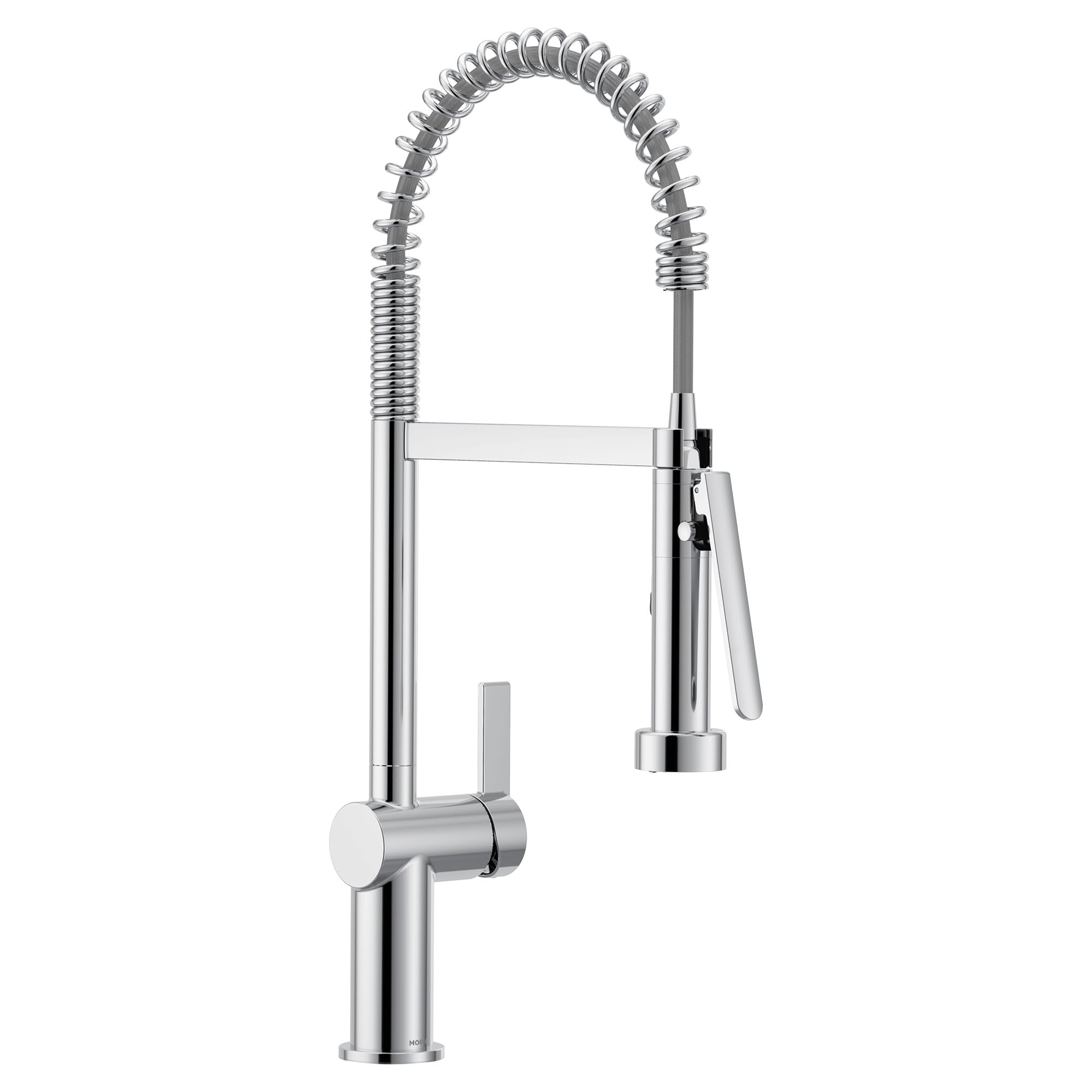Chrome pre-rinse kitchen faucet with coiled spring neck and pull-down spray head with trigger handle.
