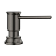 Satin dark steel built-in soap dispenser with cylindrical pump head and curved spout.