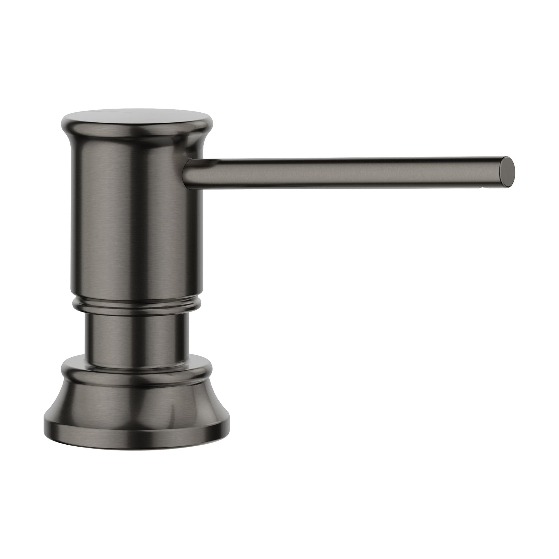 Satin dark steel built-in soap dispenser with cylindrical pump head and curved spout.