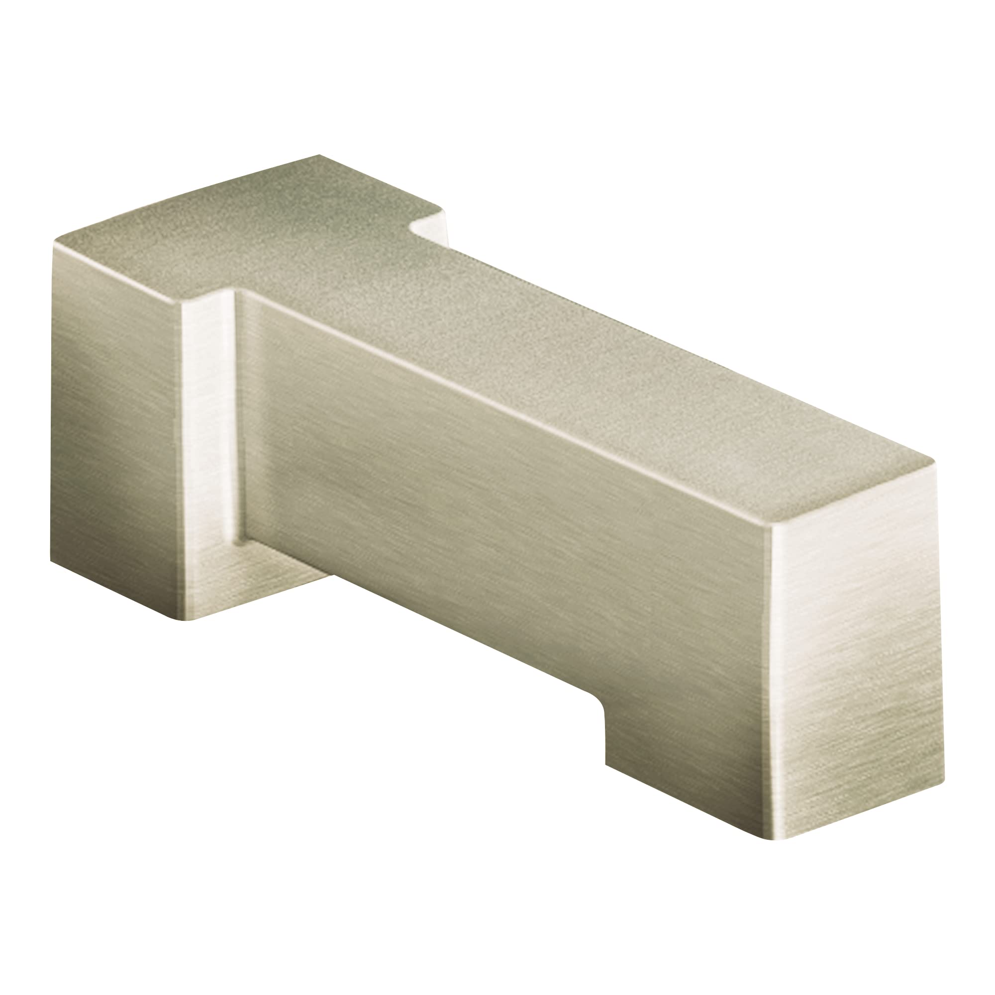 Brushed nickel spout with 90-degree angled design and rectangular outlet opening.