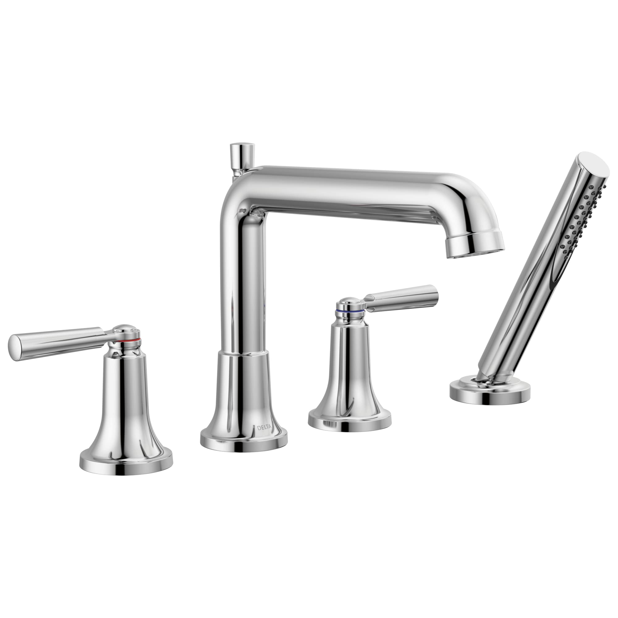 Chrome four-piece Roman tub trim with curved spout, lever handles, and detachable hand shower.