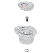 Clear plastic faucet handle kit with Moen branding, screw, and washer components displayed separately.