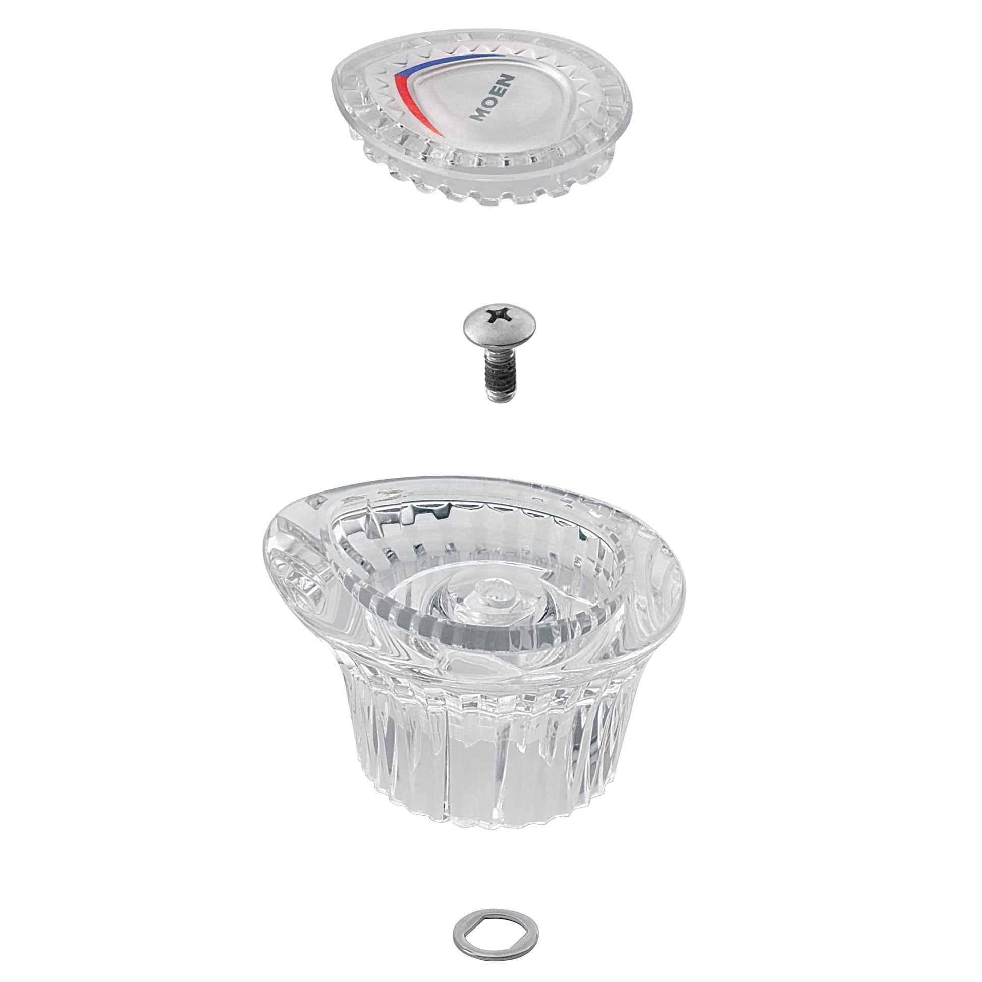 Clear plastic faucet handle kit with Moen branding, screw, and washer components displayed separately.