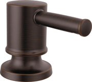Venetian bronze metal soap dispenser with cylindrical pump lever and round base.