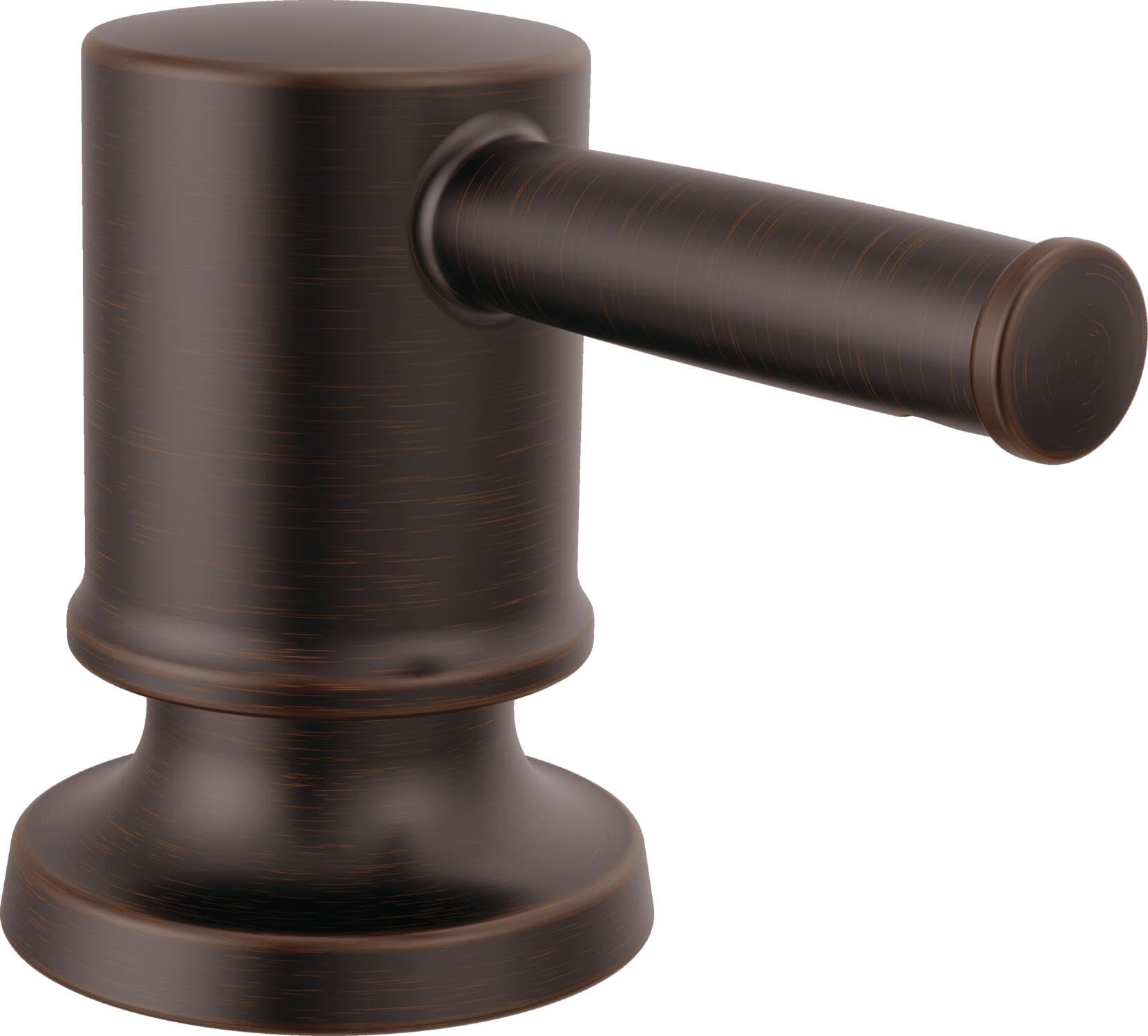 Venetian bronze metal soap dispenser with cylindrical pump lever and round base.