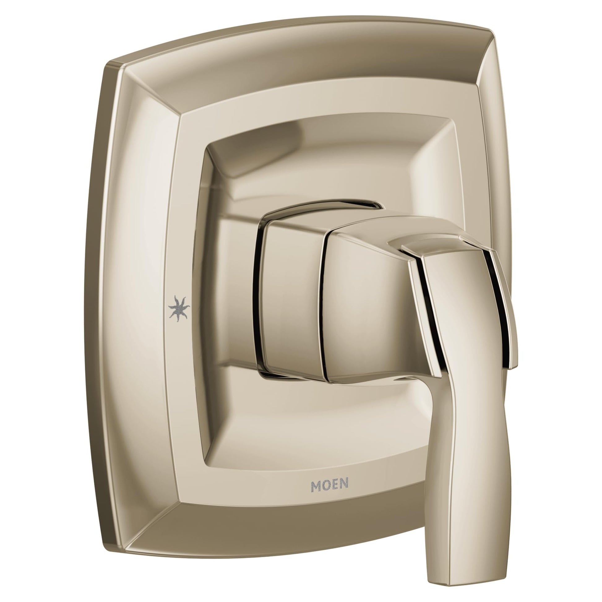 Polished nickel single-handle valve trim with squared escutcheon plate and lever handle.