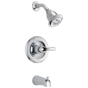 Chrome showerhead with curved arm, circular valve trim with lever handle, and tub spout.