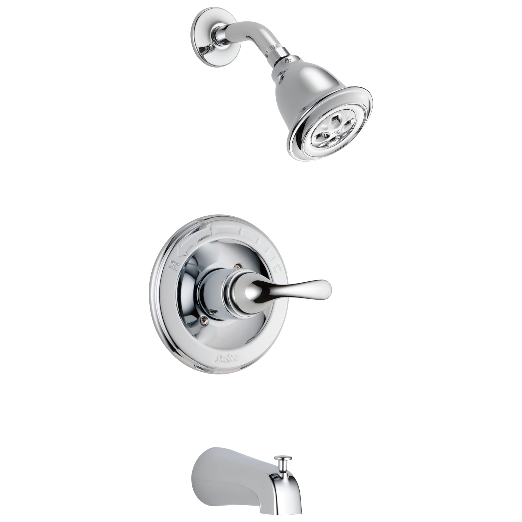Chrome showerhead with curved arm, circular valve trim with lever handle, and tub spout.