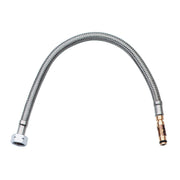 Chrome flexible hose with braided mesh covering and threaded connectors at each end.