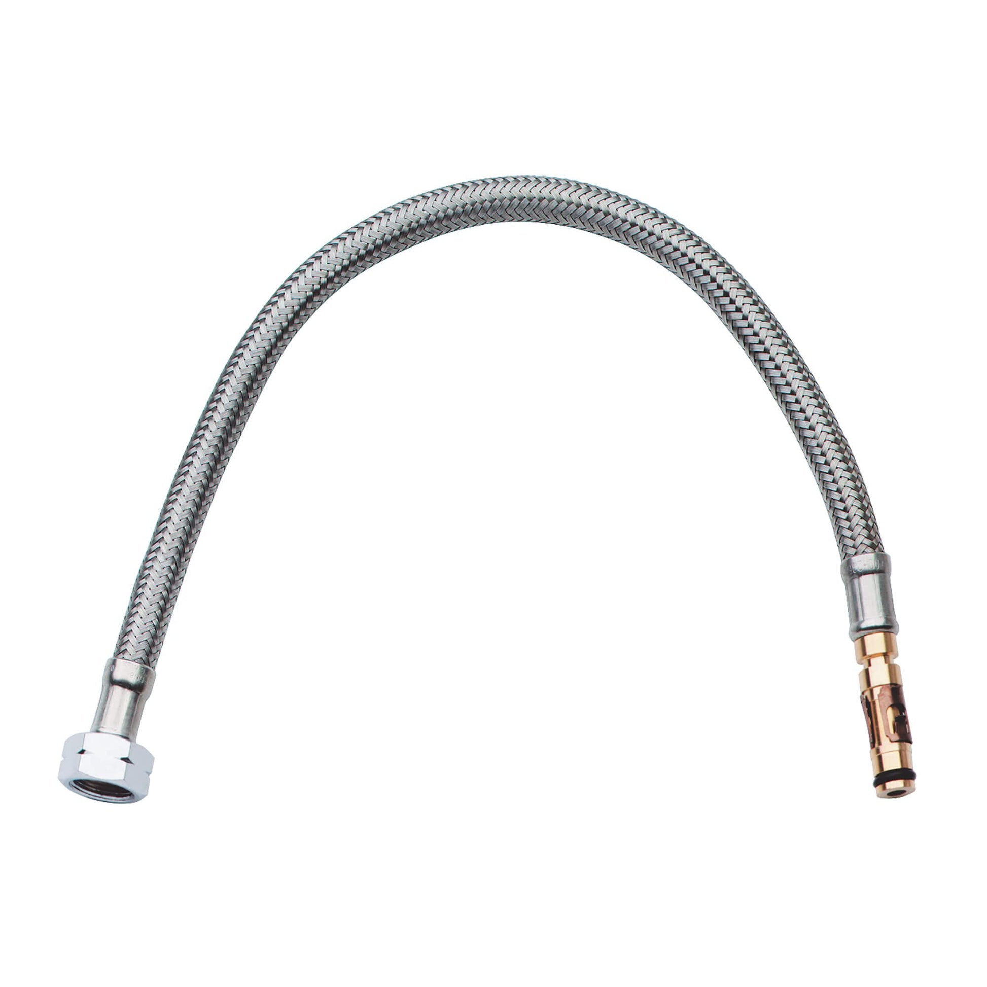 Chrome flexible hose with braided mesh covering and threaded connectors at each end.