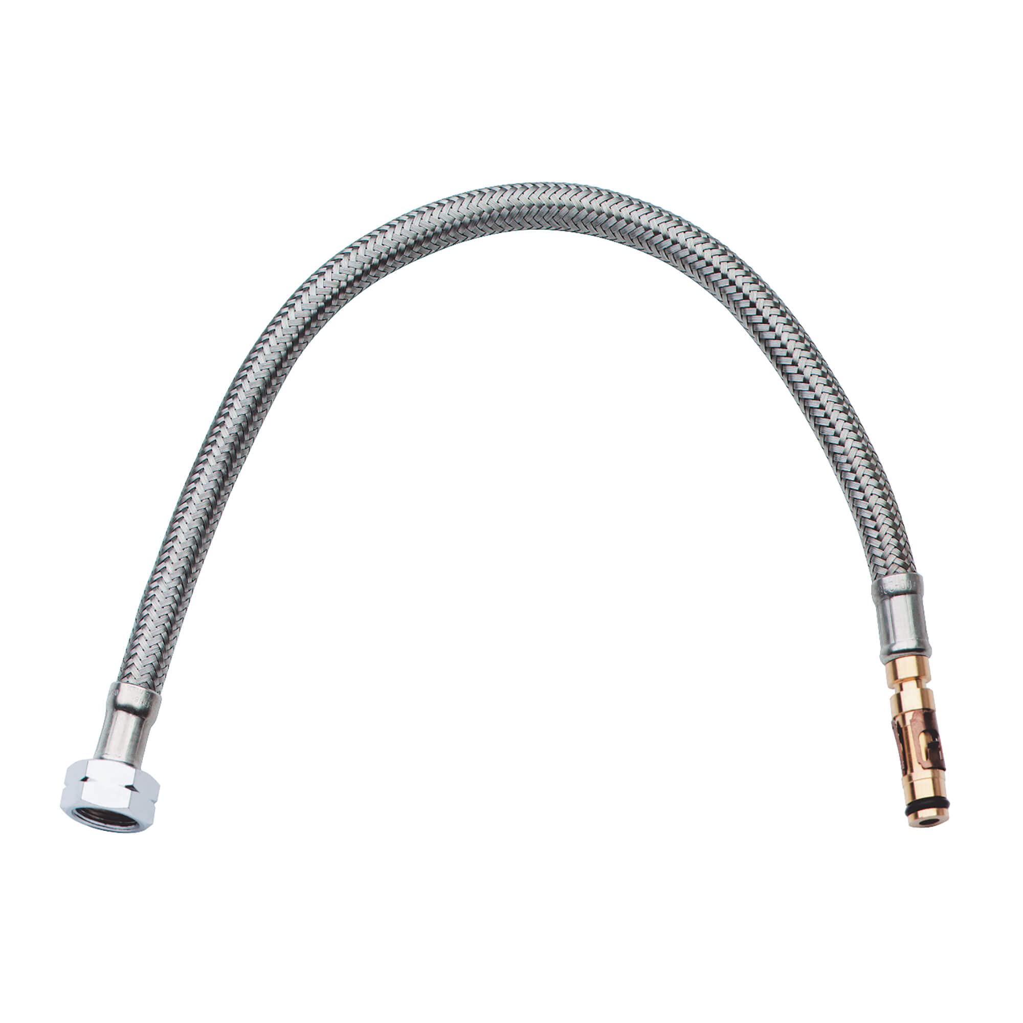 Chrome flexible hose with braided mesh covering and threaded connectors at each end.