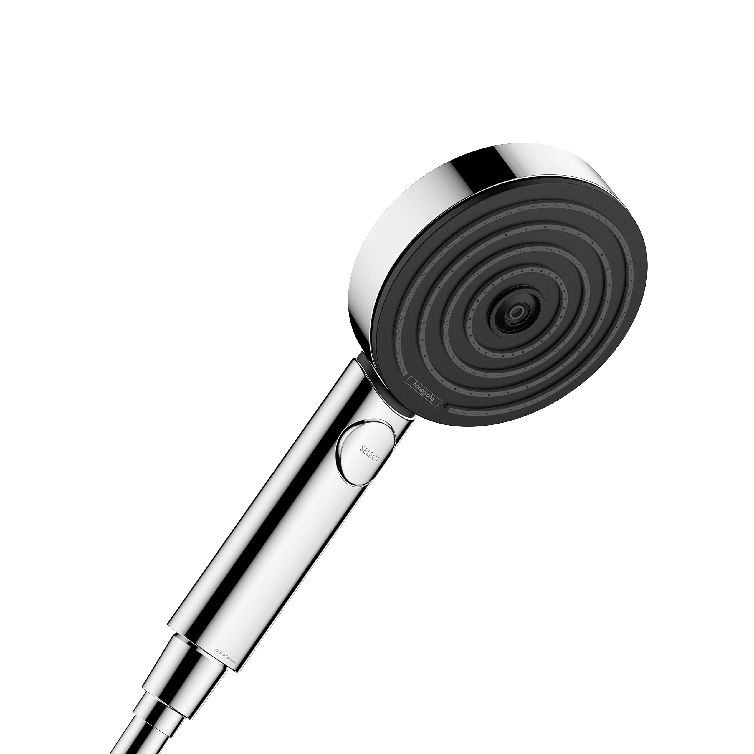Chrome handheld showerhead with black circular face and control button on cylindrical handle.