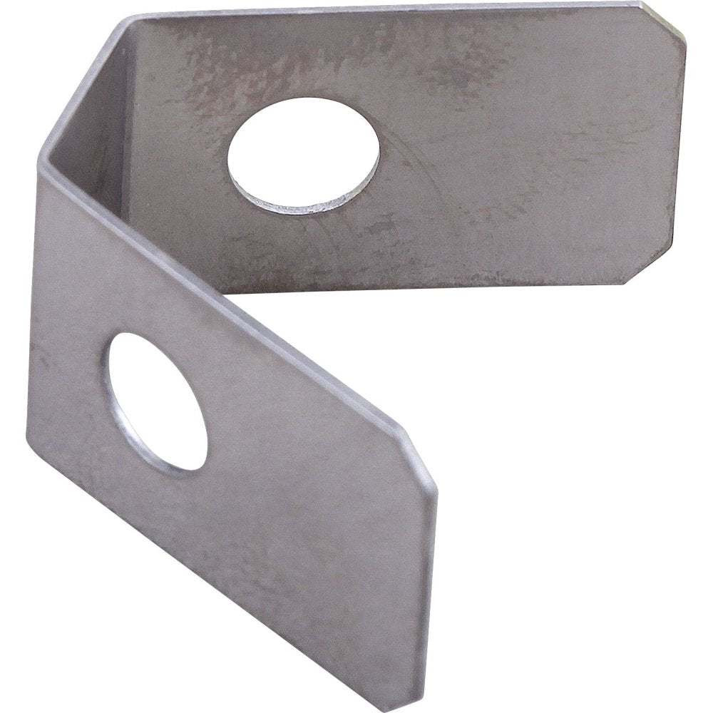 Metal spring clip with two oval-shaped holes and angled edges for mounting or fastening applications.