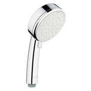 Chrome hand shower with circular spray face and white grip handle with black accent band.