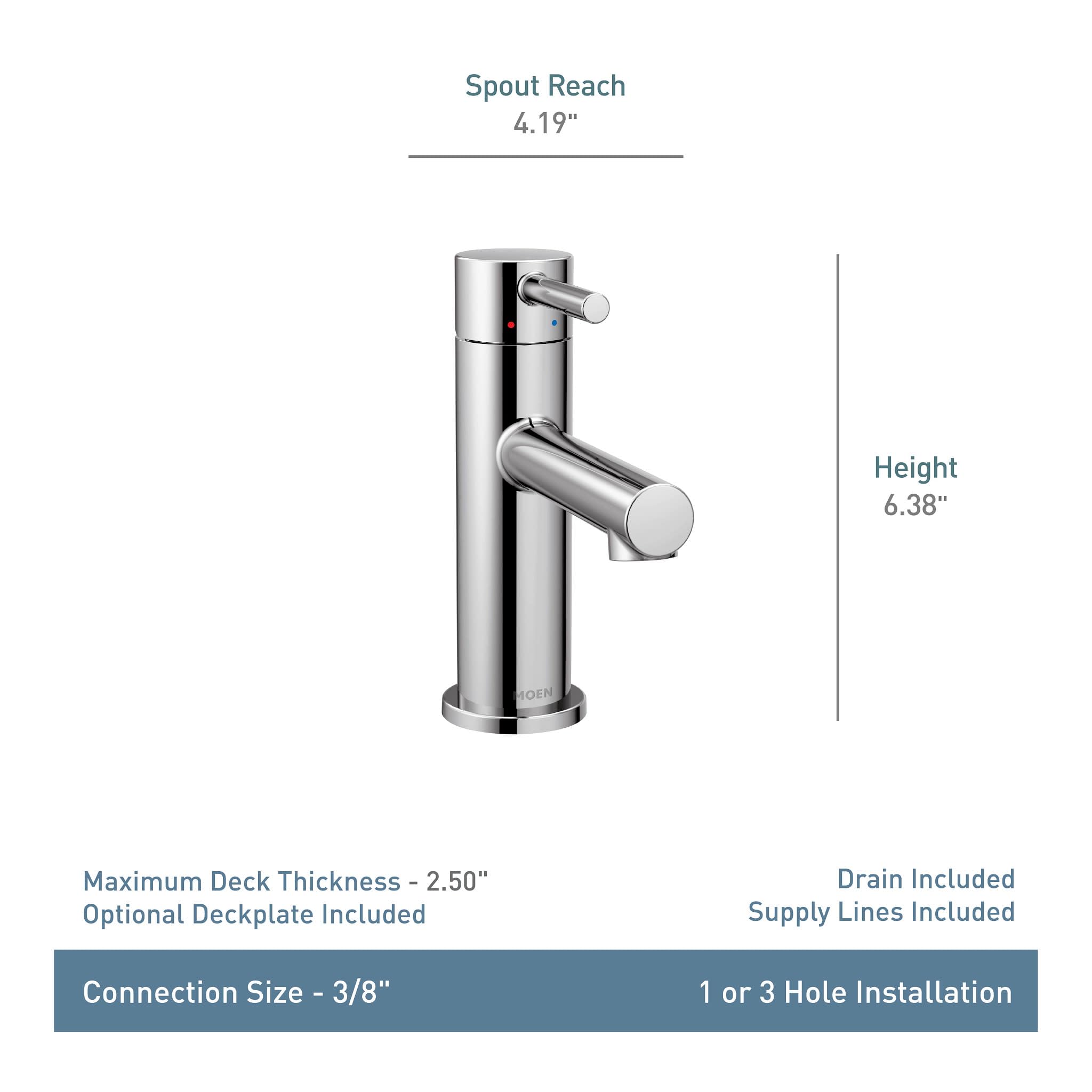 Moen One Handle Modern Bathroom Faucet with Drain Assembly and Optional Deckplate in Brushed Nickel - 6190BN