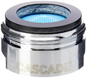 Chrome flow control aerator with blue mesh screen and black rubber seal ring.