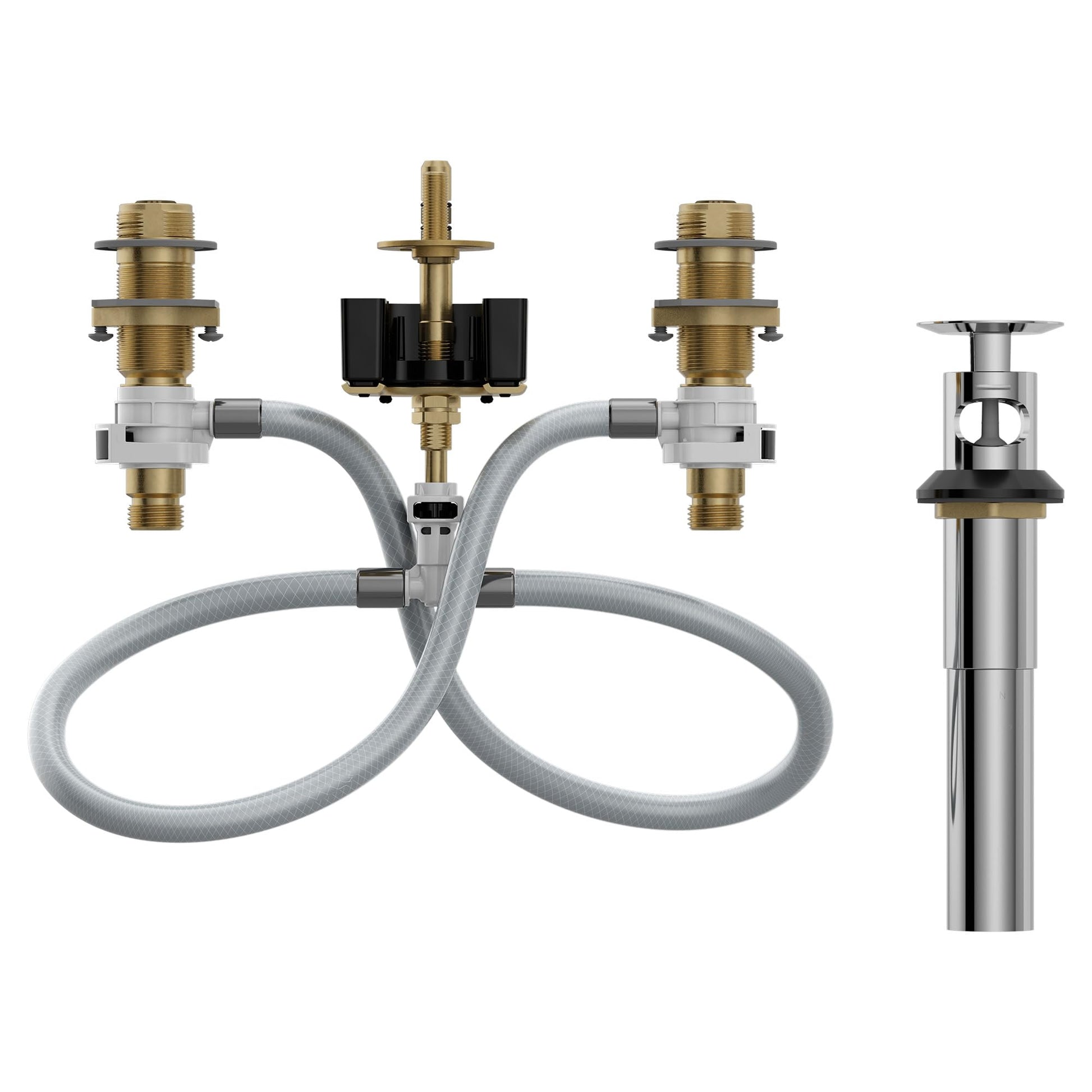 Moen rough-in valve assembly with brass inlet ports, gray supply lines, black handle lever, and metal pop-up drain component.