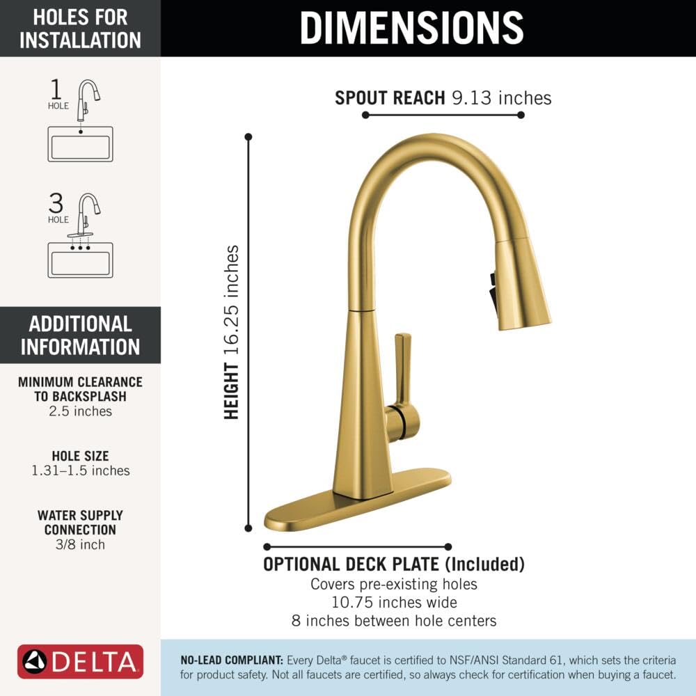 Brushed gold single-handle pull-down kitchen faucet with curved spout and included deck plate.