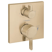 Brushed bronze square trim plate with two cylindrical handles, diverter lever, and pressure balance controls marked with hot 