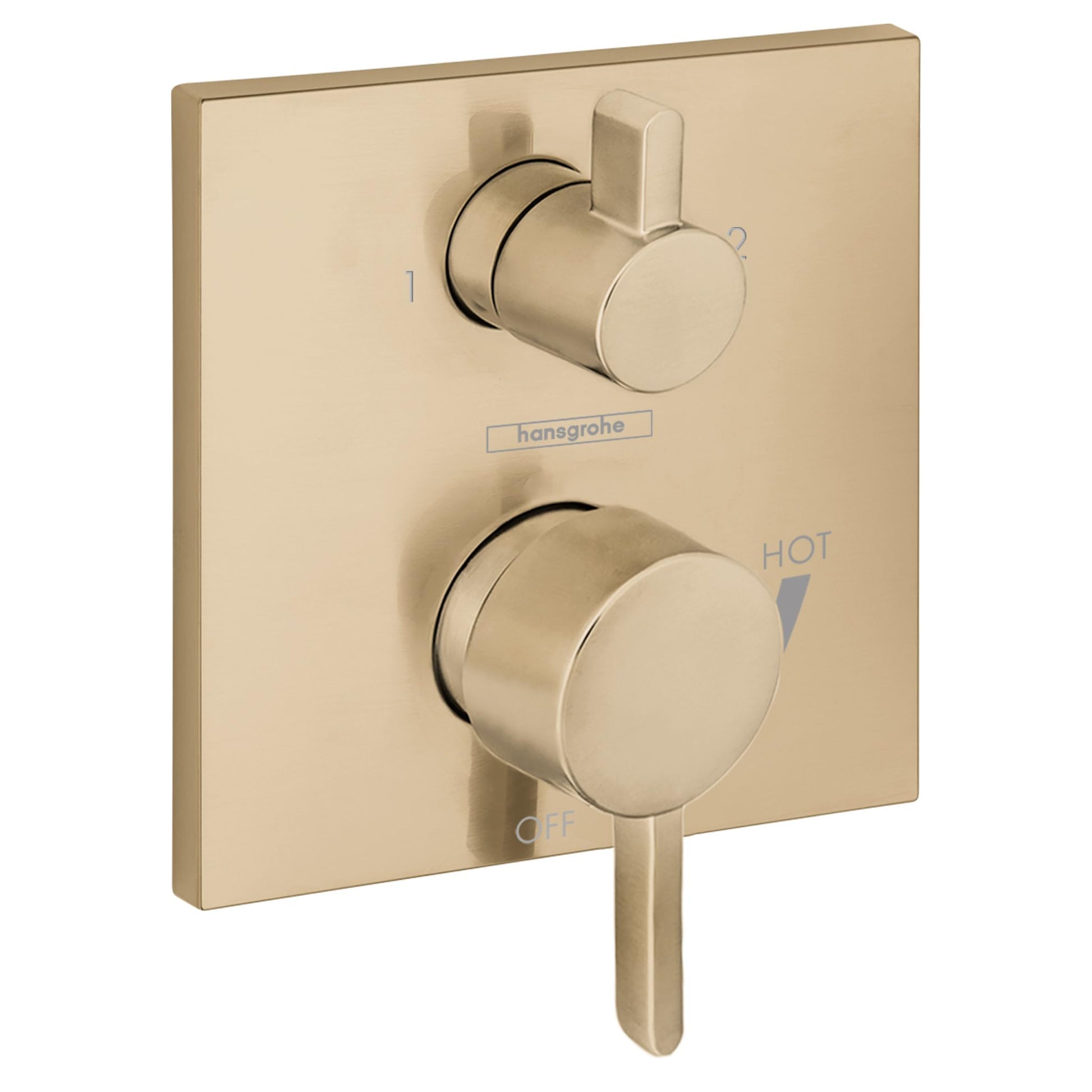Brushed bronze square trim plate with two cylindrical handles, diverter lever, and pressure balance controls marked with hot 