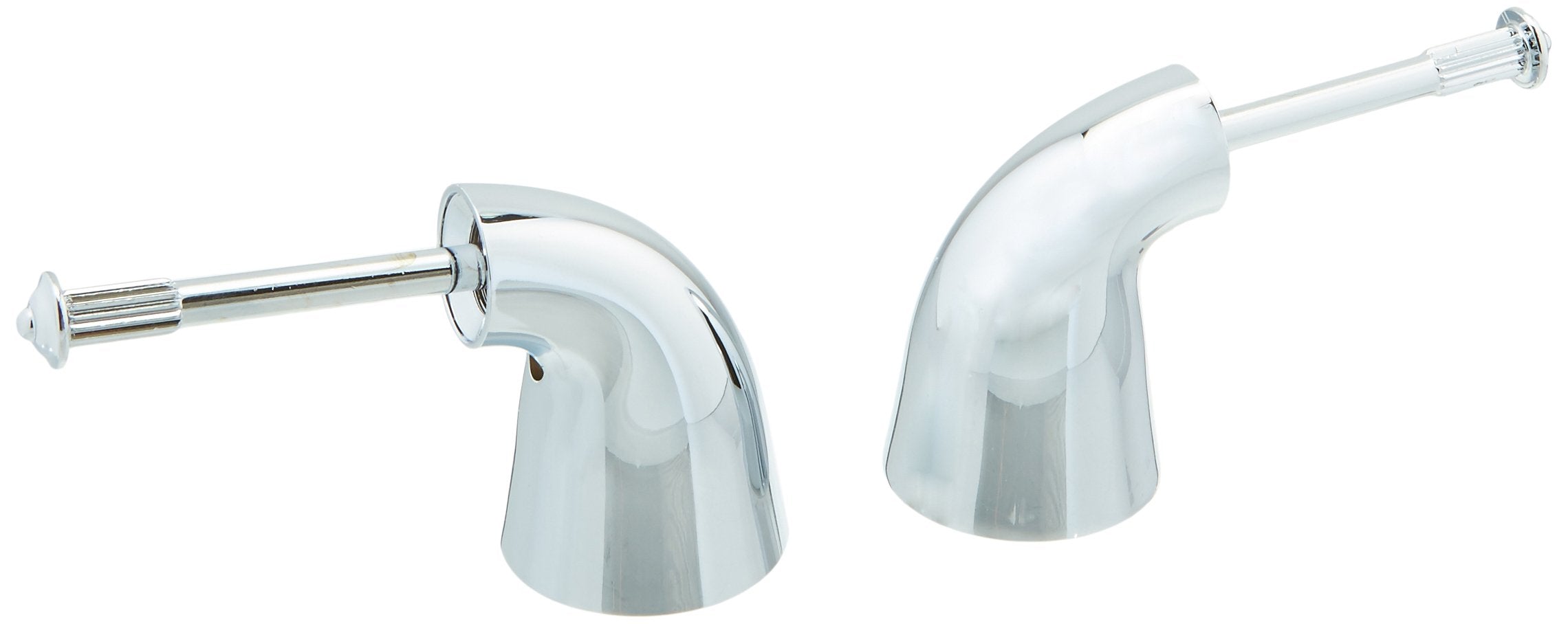 Pair of chrome two-handle faucet lever handles with curved spouts and metal accents.