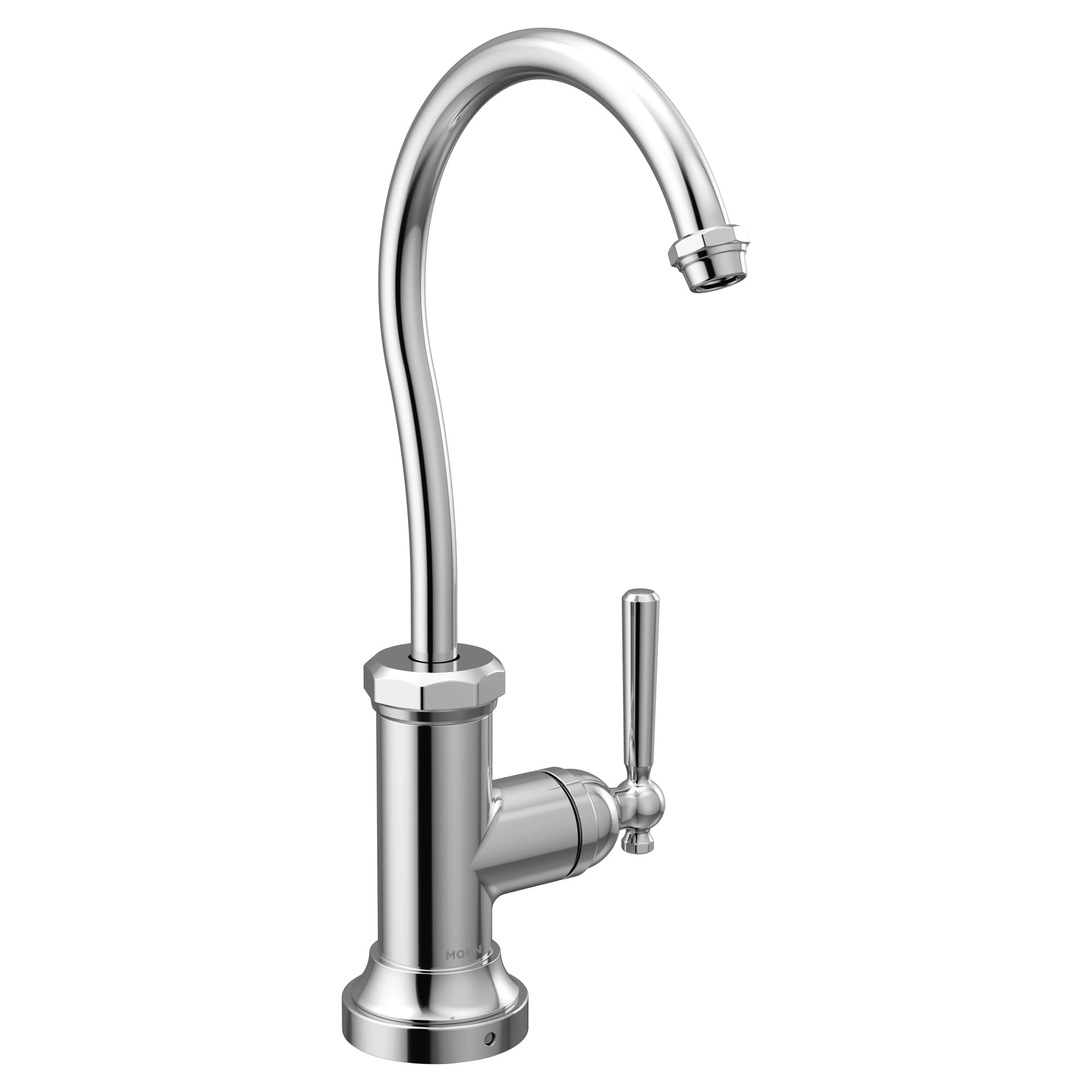 Chrome kitchen faucet with curved spout, single lever handle, and cylindrical base.