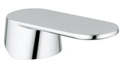 Chrome lever handle with rounded base and extended arm for faucet control.