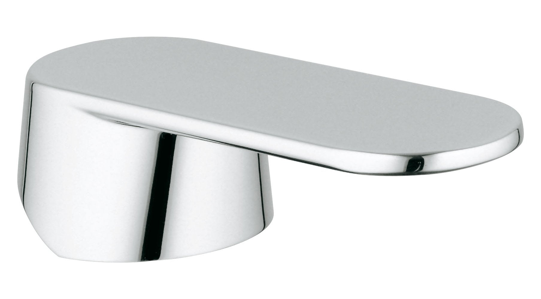 Chrome lever handle with rounded base and extended arm for faucet control.