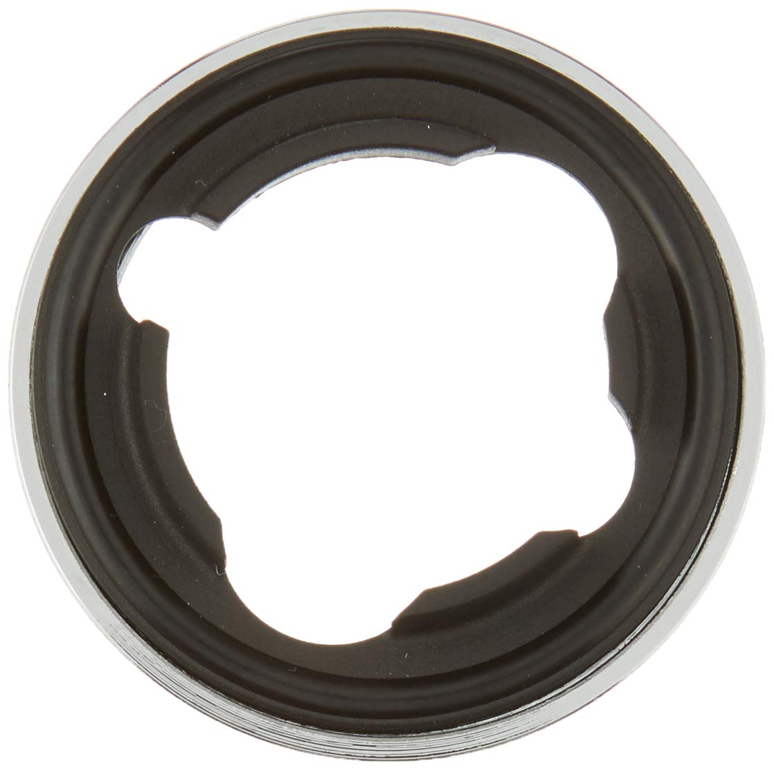 Chrome and black circular escutcheon ring with center opening for valve installation.