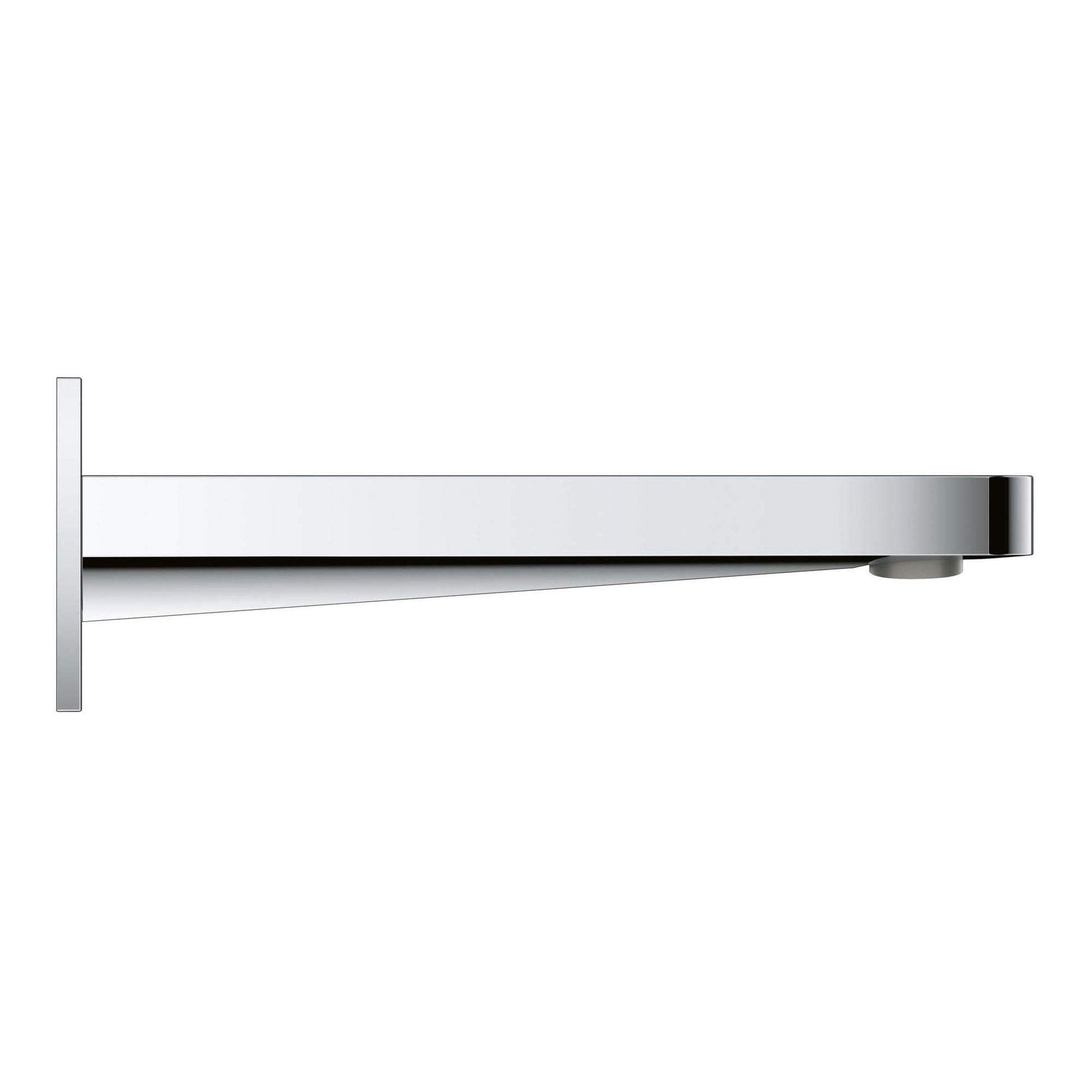 Chrome tub spout with angular design and wall-mounted bracket, angled downward outlet.