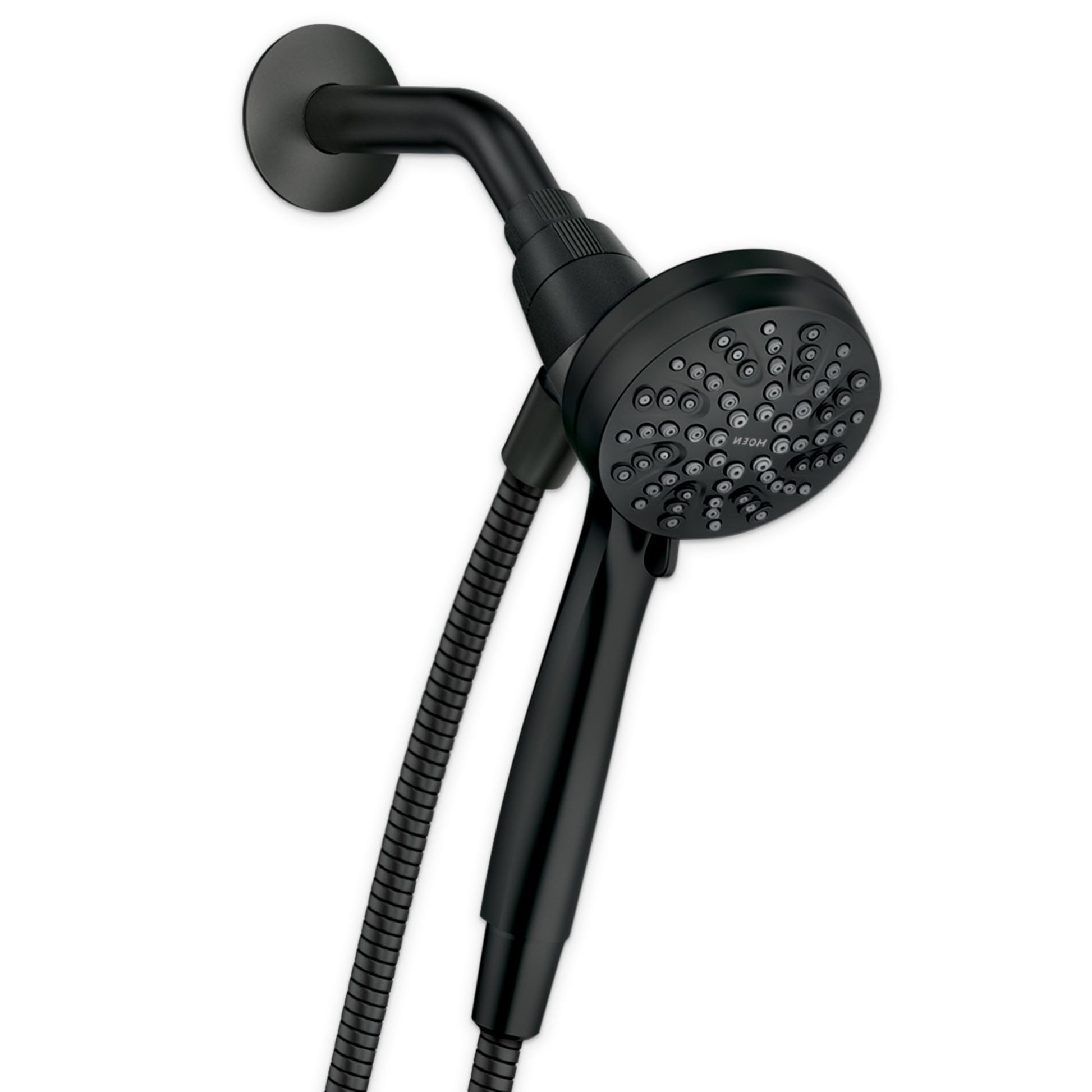 Matte black hand shower with circular perforated head, curved arm, wall mount, and attached hose with textured grip.
