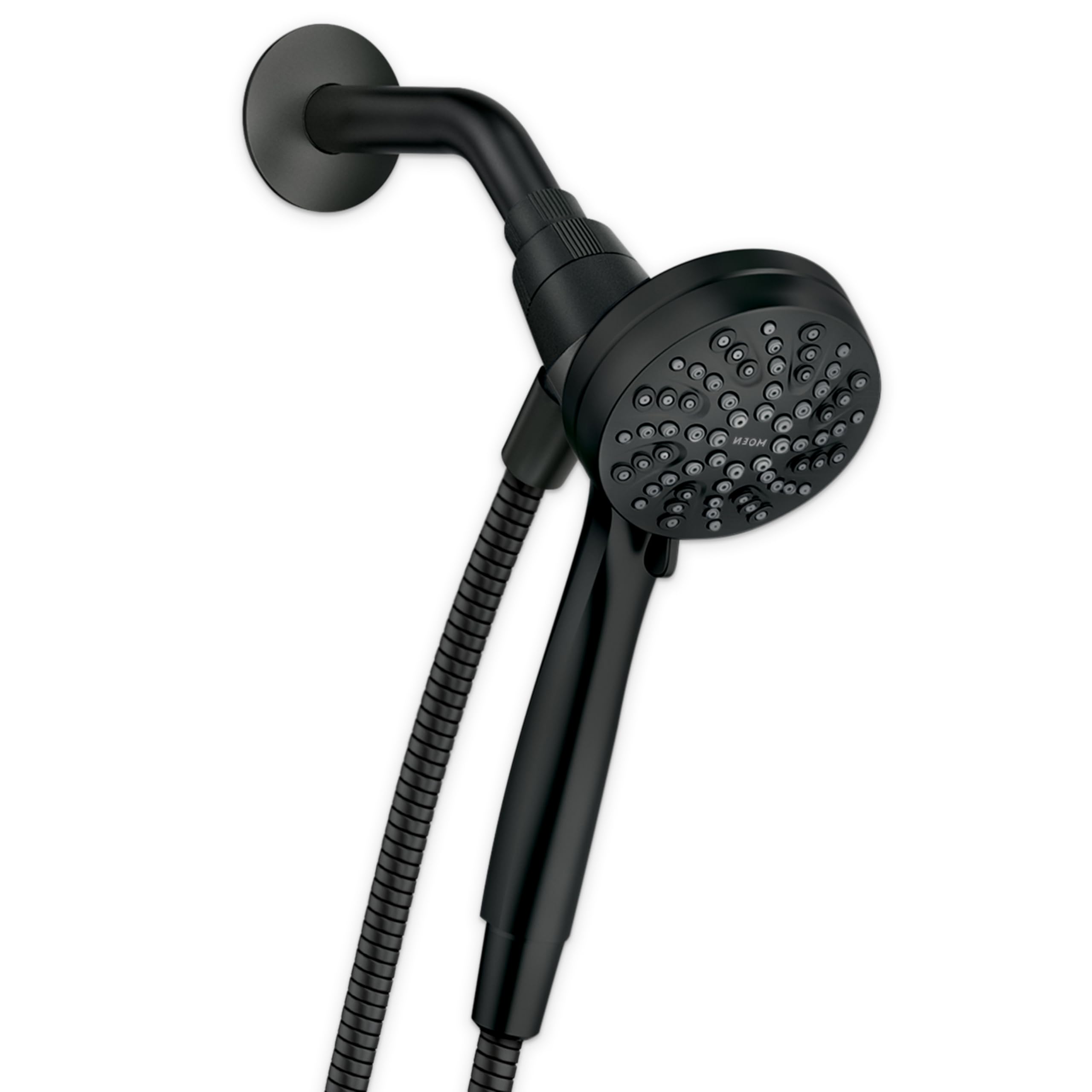 Matte black hand shower with circular perforated head, curved arm, wall mount, and attached hose with textured grip.