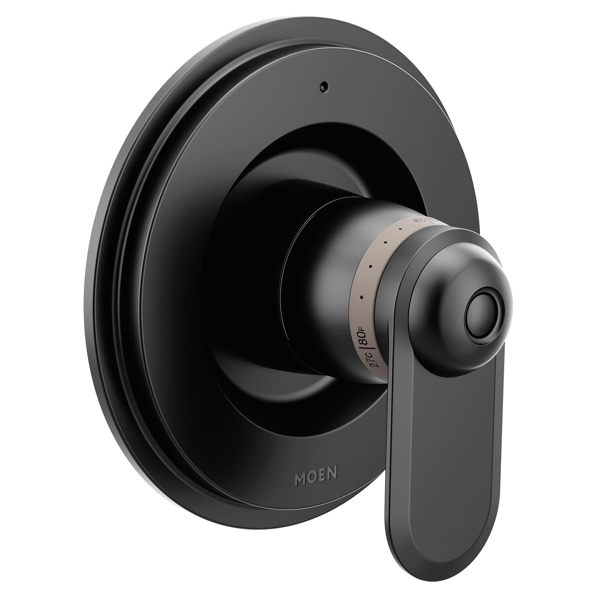 Moen Greenfield matte black shower handle with round trim plate and lever control for temperature adjustment.