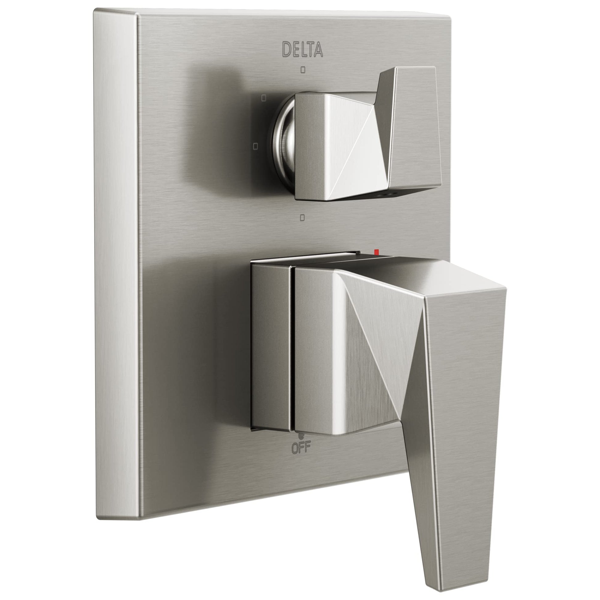Brushed nickel two-handle shower valve trim with upper diverter control and lower lever handle marked "OFF".