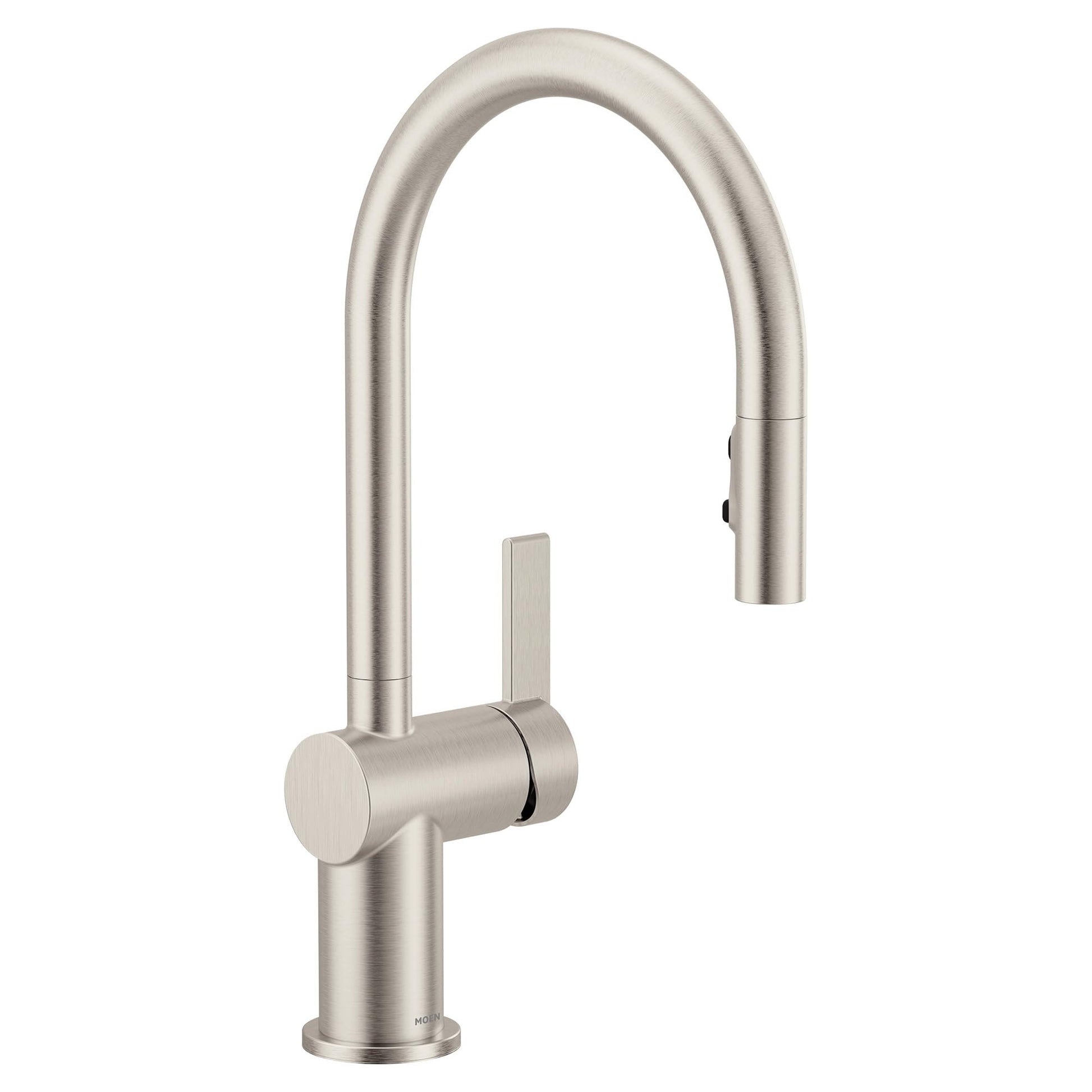 Stainless steel kitchen faucet with tall curved spout and single lever handle in brushed nickel finish.