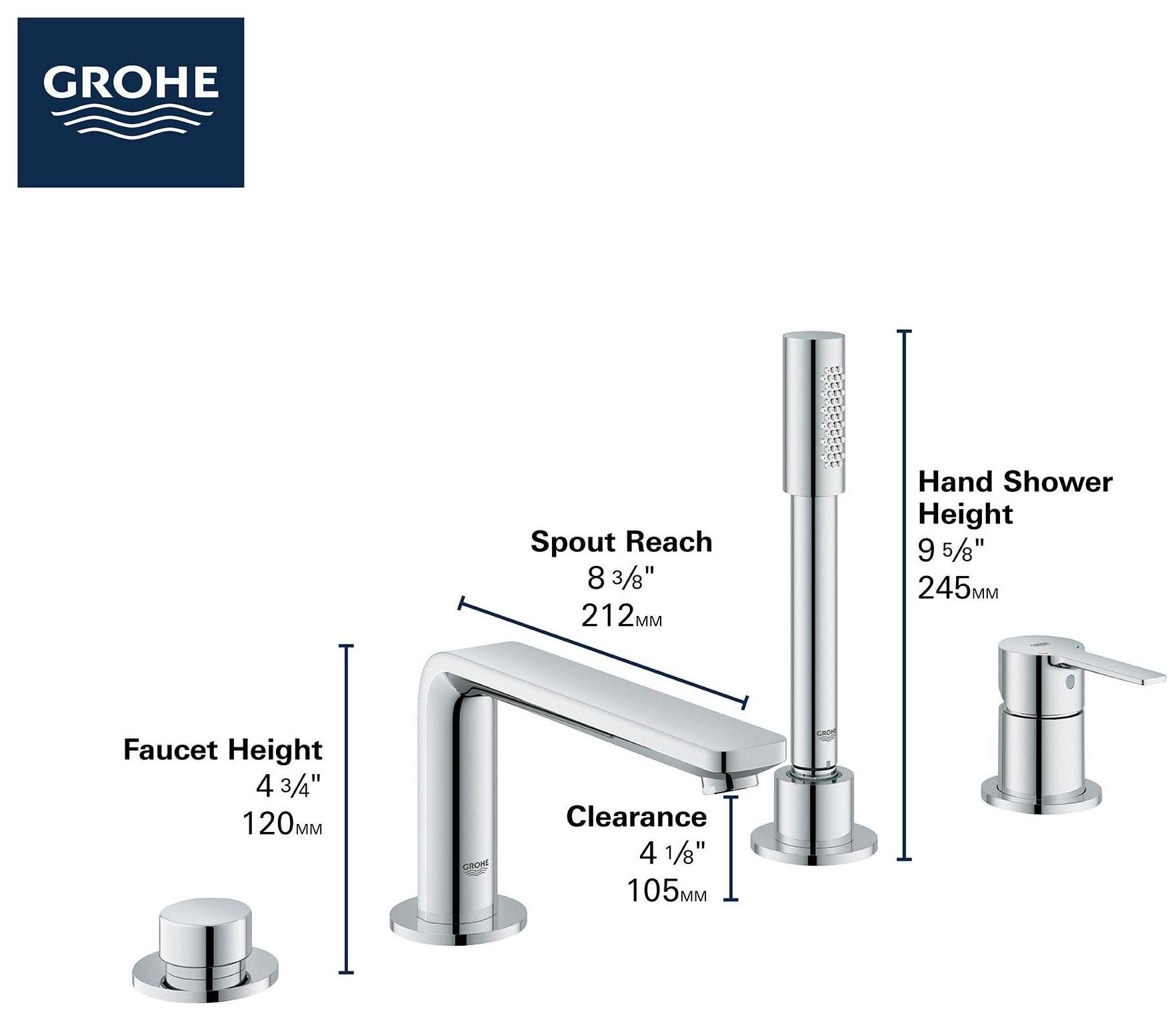 Chrome deck mount Roman tub faucet with single handle, curved spout, and detachable hand shower on white background with dime