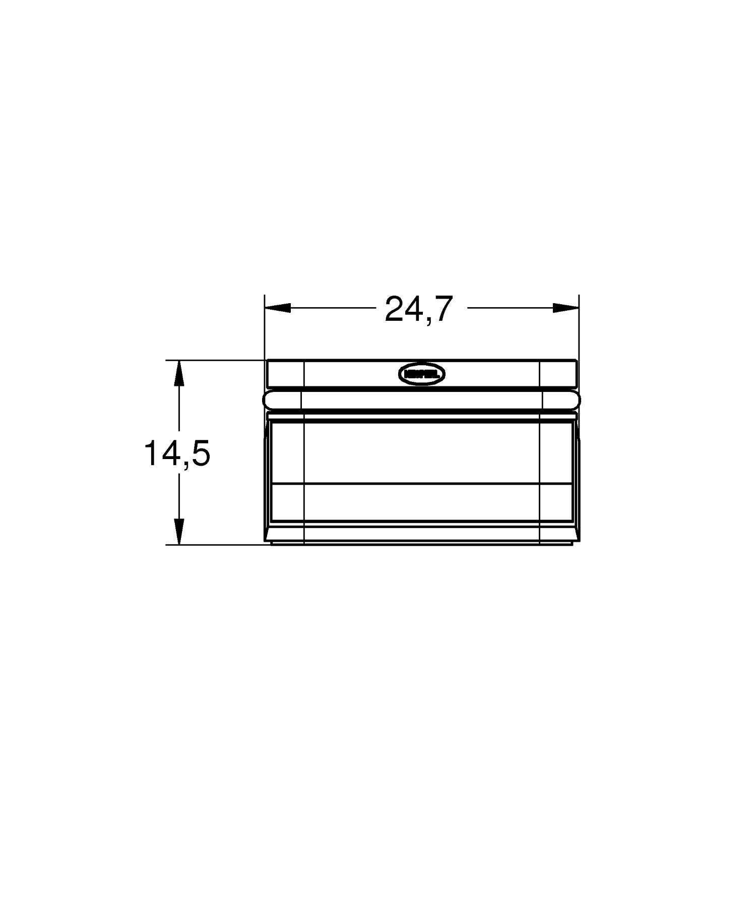 Chrome flow control cartridge with dimensions 24.7mm width and 14.5mm height, shown in technical line drawing.