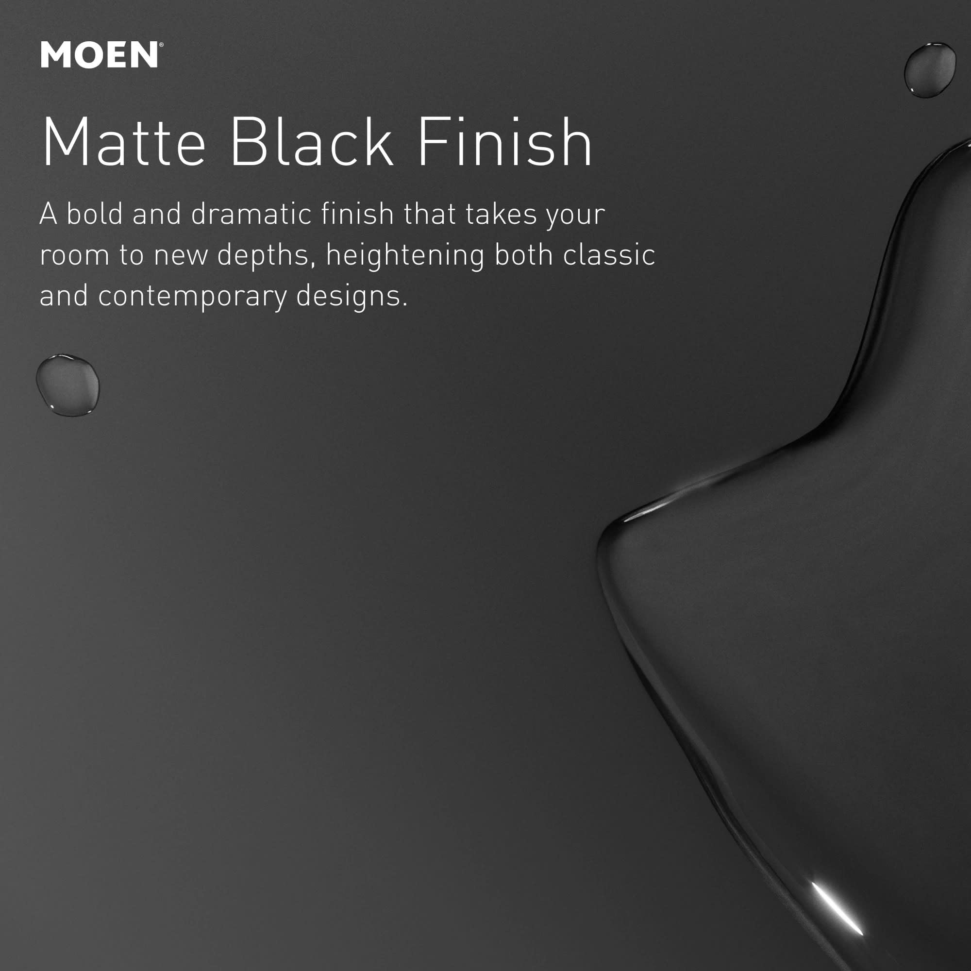 Moen Haelyn matte black kitchen faucet with curved spout and single handle control.