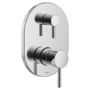 Chrome shower valve trim with two circular handles and an oval escutcheon plate, featuring a transfer valve design.