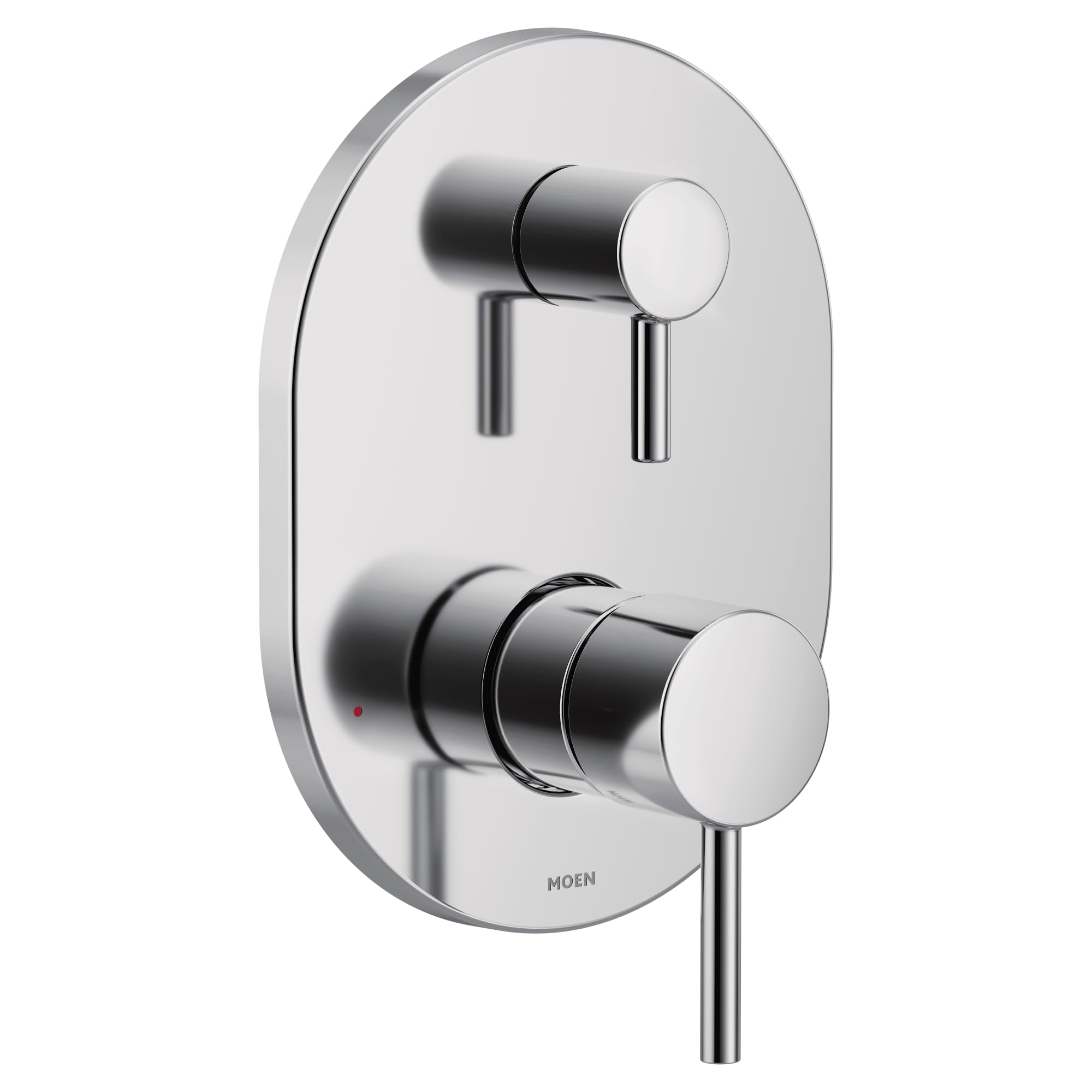 Chrome shower valve trim with two circular handles and an oval escutcheon plate, featuring a transfer valve design.