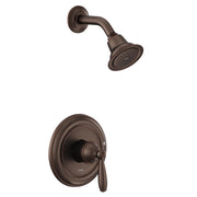Oil rubbed bronze shower trim kit with single handle lever, round wall plate, and showerhead with perforated face.