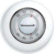 White round Honeywell thermostat with temperature dial marked 50-80 degrees and red indicator pointer.