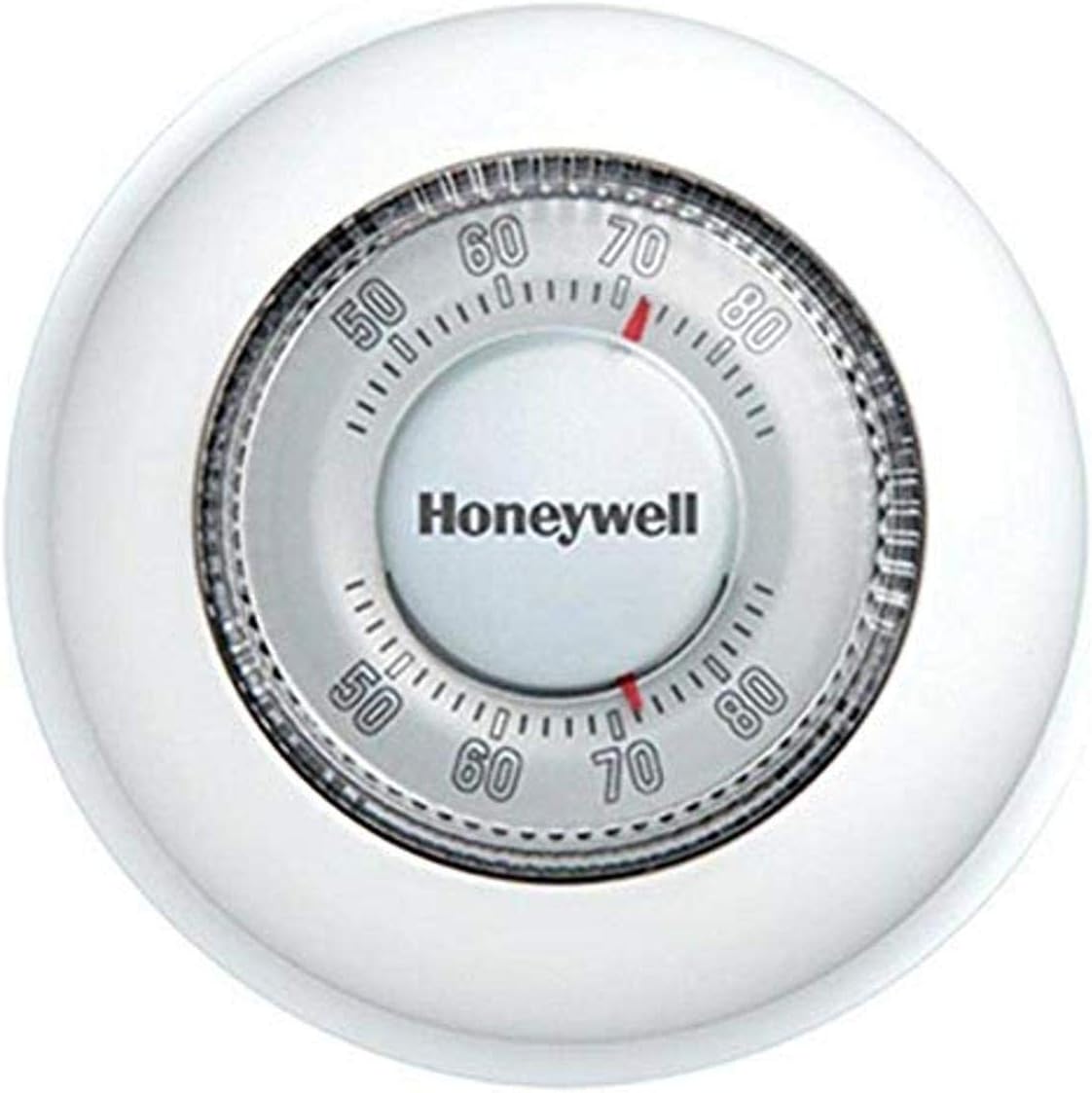 White round Honeywell thermostat with temperature dial marked 50-80 degrees and red indicator pointer.