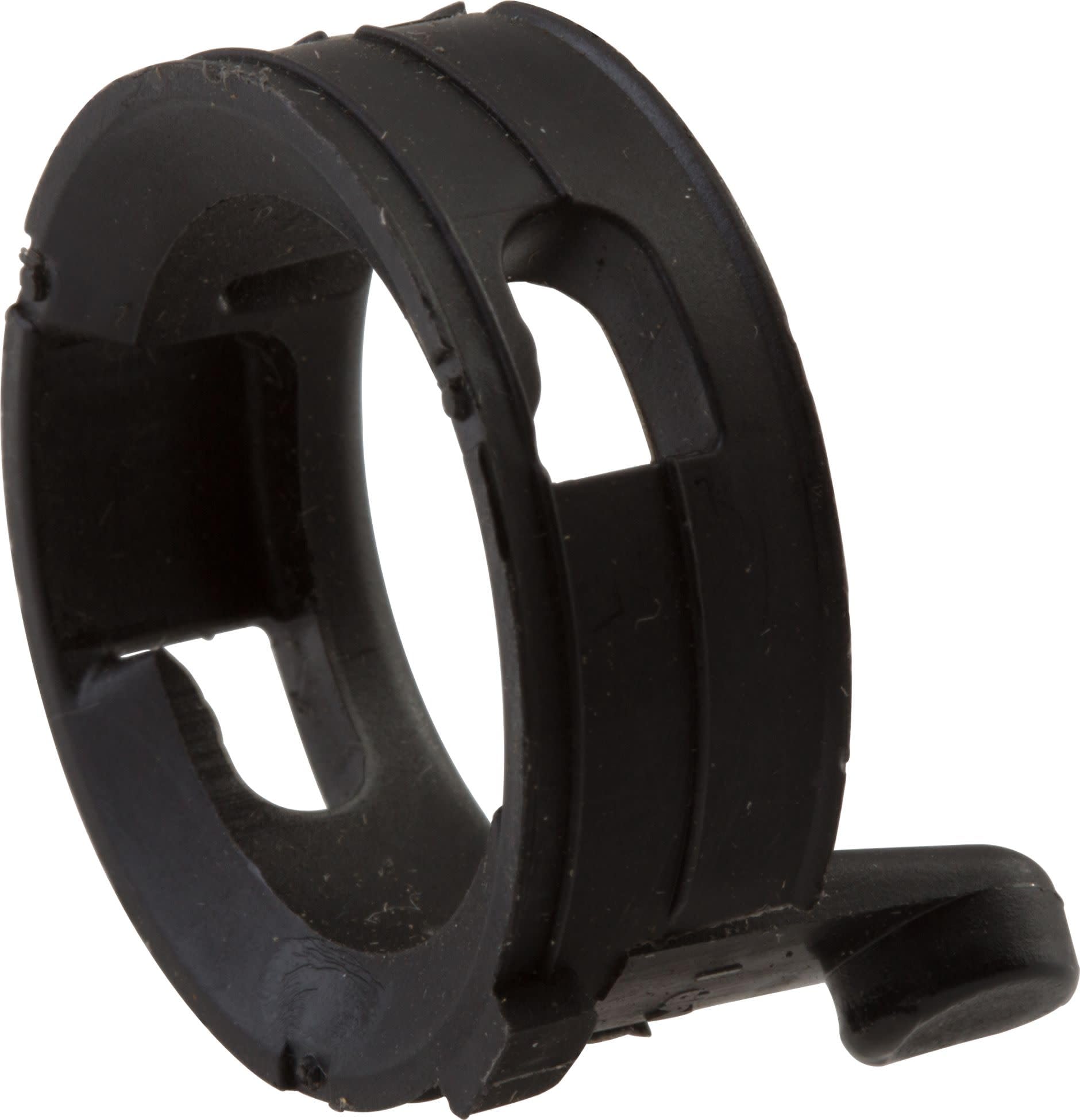 Black bayonet ring with curved mounting bracket and adjustment lever for faucet installation.