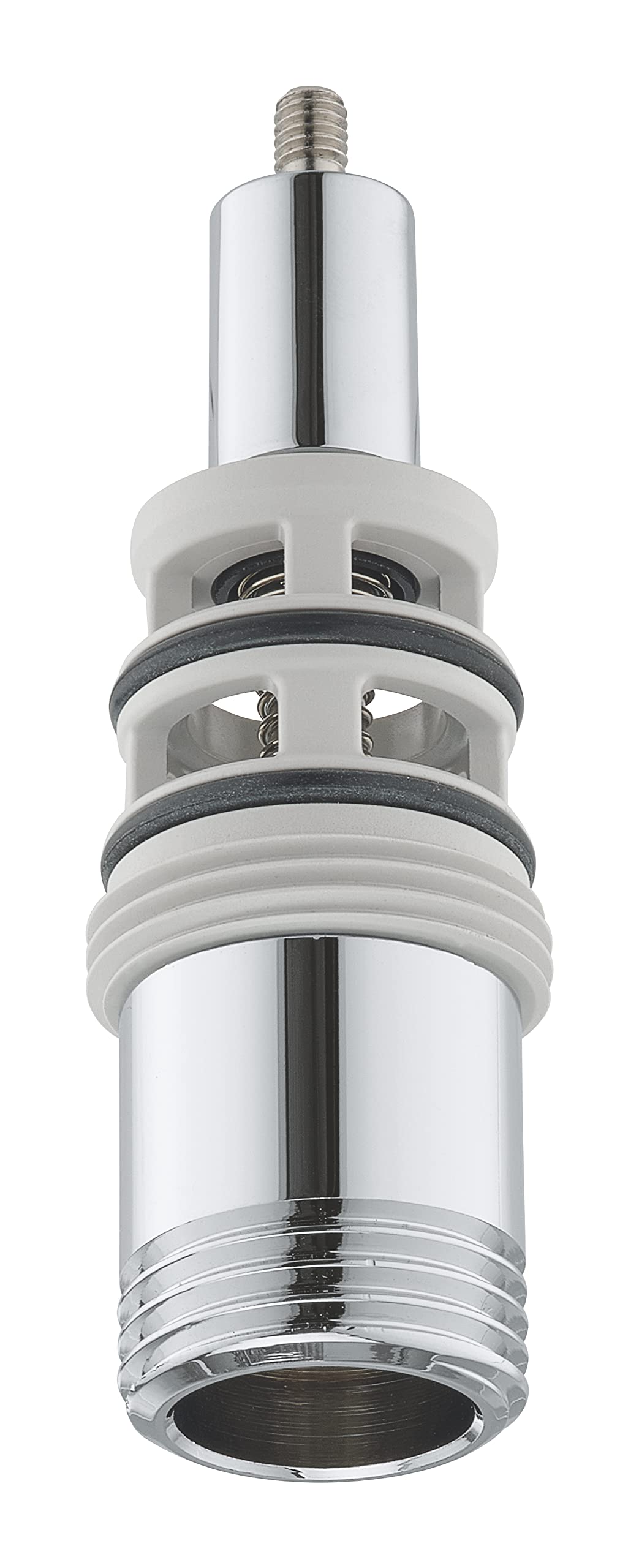 Chrome diverter valve with threaded male connection, white and gray cartridge housing, and female outlet port.
