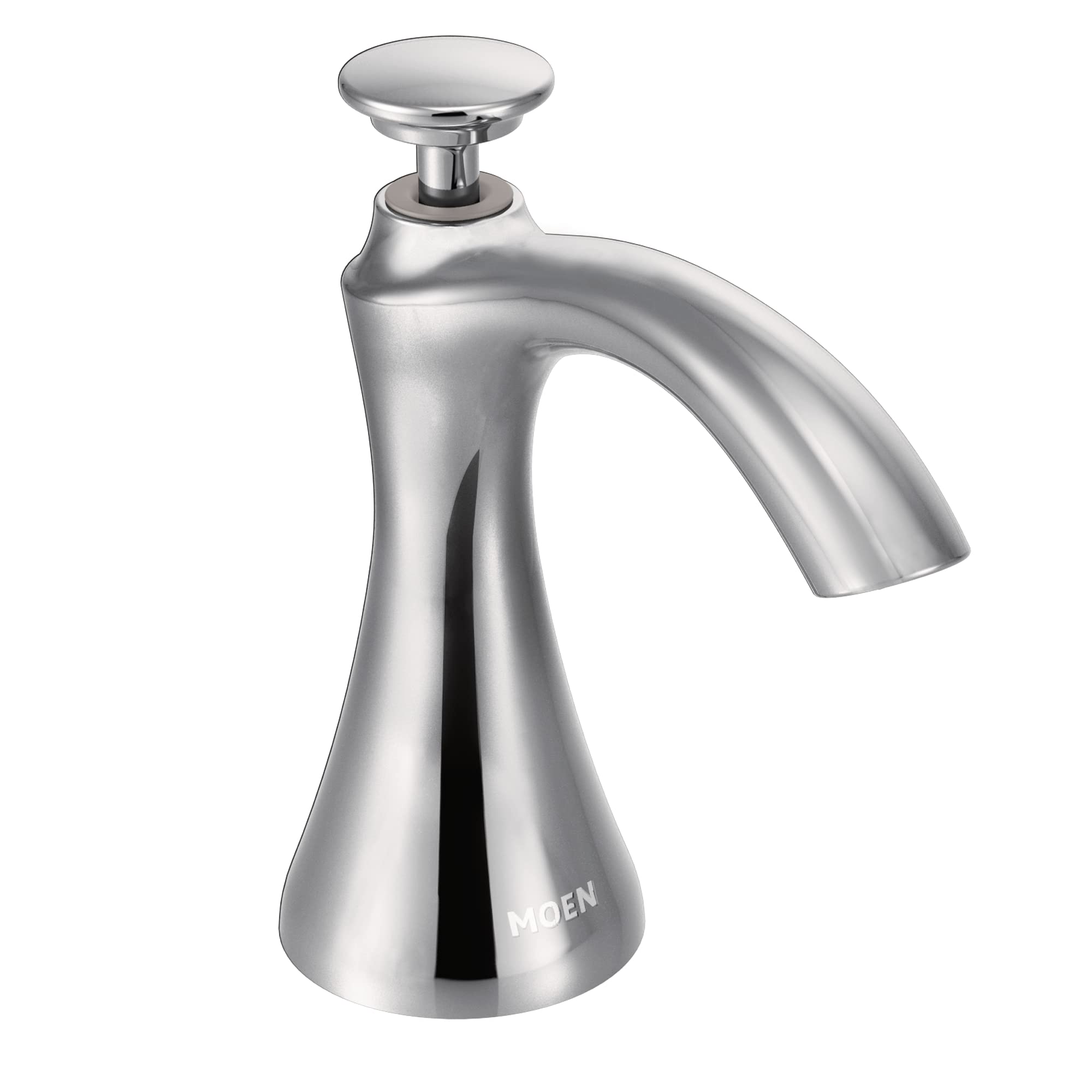 Chrome kitchen soap dispenser with curved tapered body, angled spout, and round push button pump top.